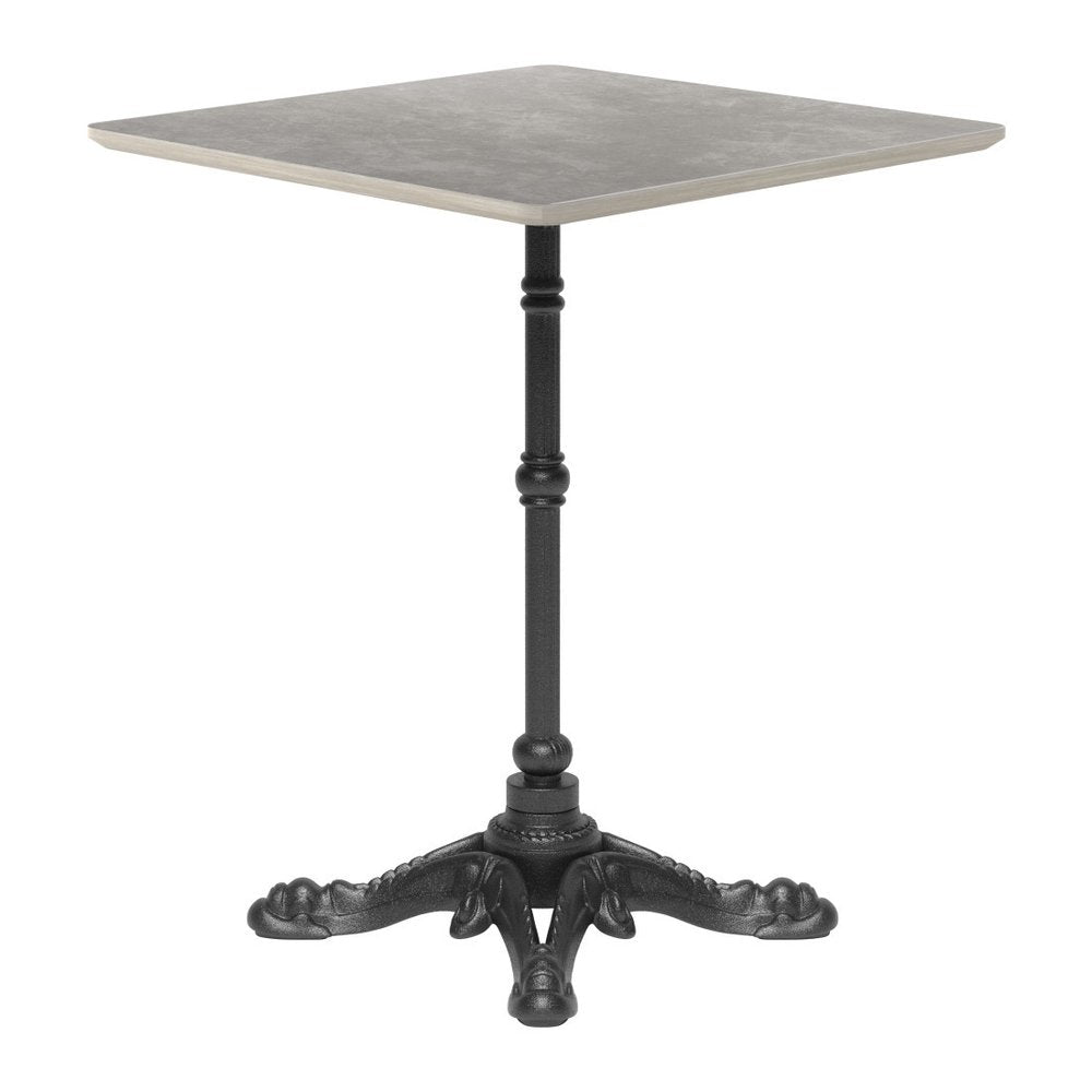 24" Gray and Black Wood And Aluminum Indoor Outdoor Pedestal Base Round Top Dining Table. Outdoor table isolated on a plain white background, showing a black metal surface.