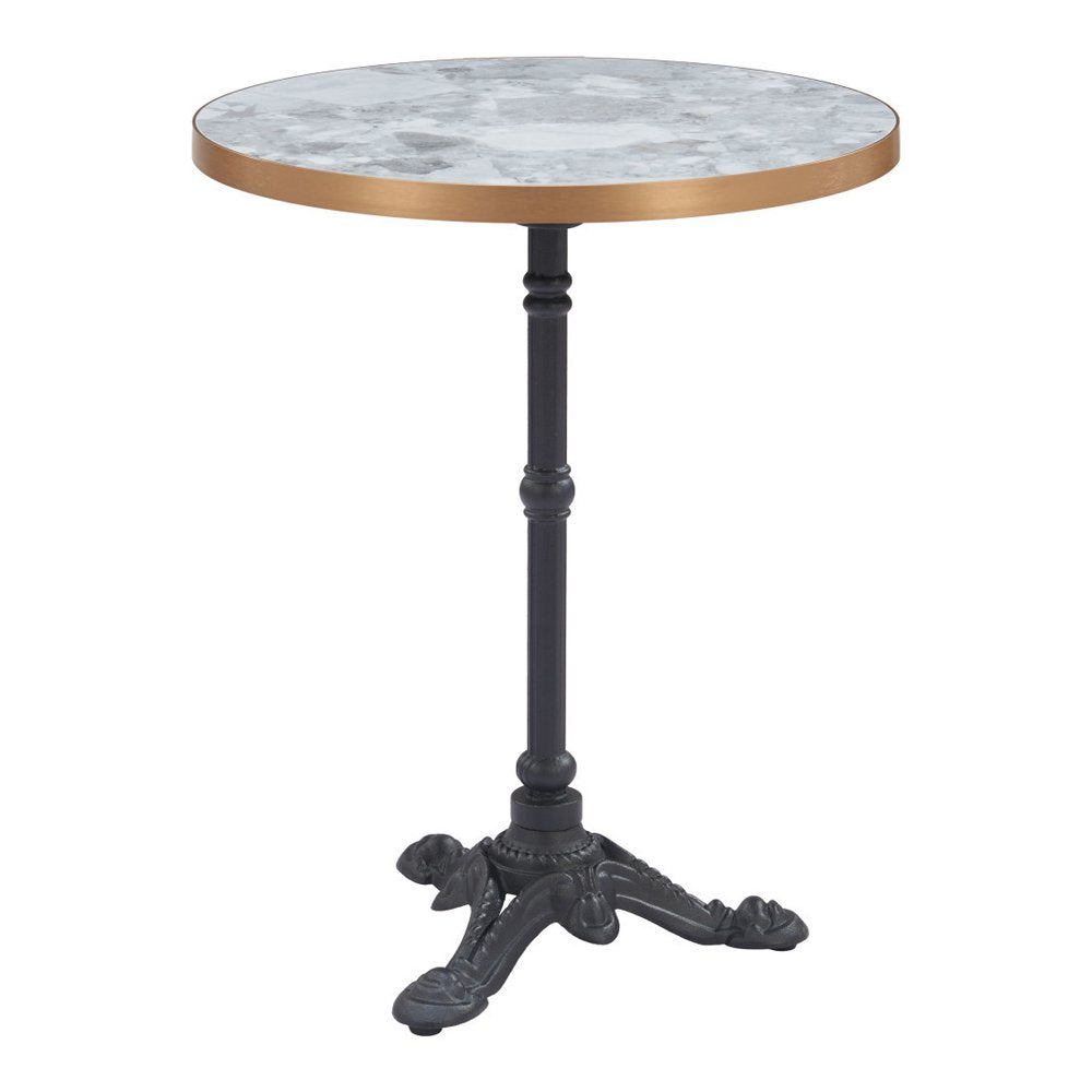 24" White And Black Wood And Aluminum Indoor Outdoor Pedestal Base Round Top Dining Table. Outdoor table isolated on a plain white background, showing a black metal surface.