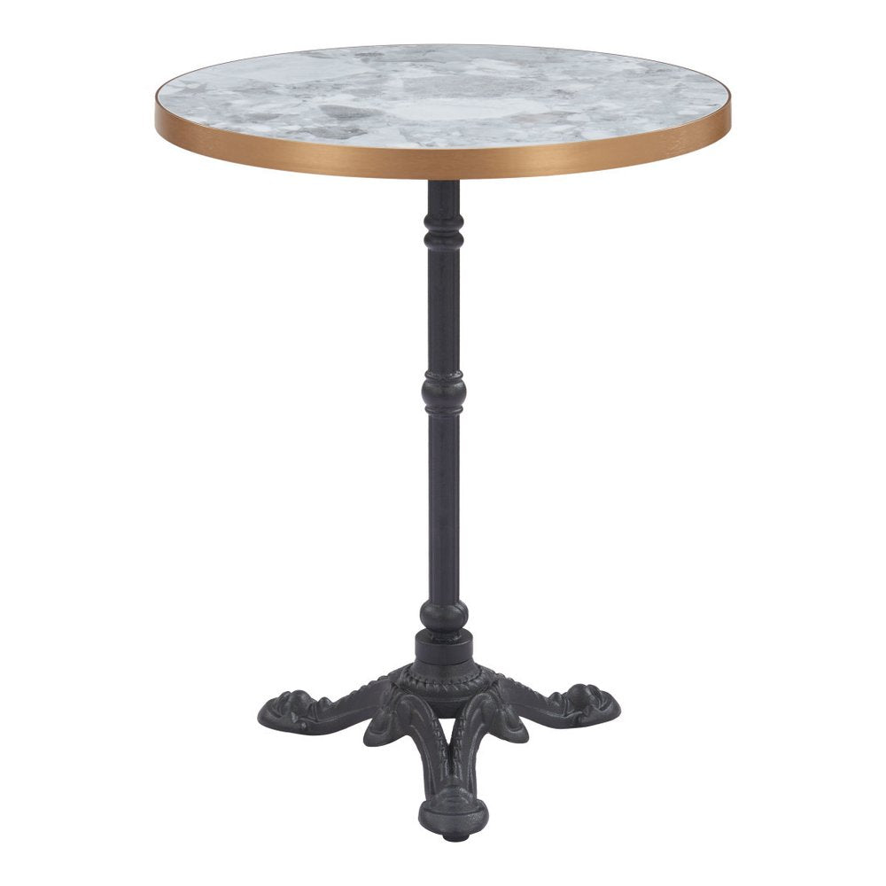 24" White And Black Wood And Aluminum Indoor Outdoor Pedestal Base Round Top Dining Table. Outdoor table isolated on a plain white background, showing a black metal surface.