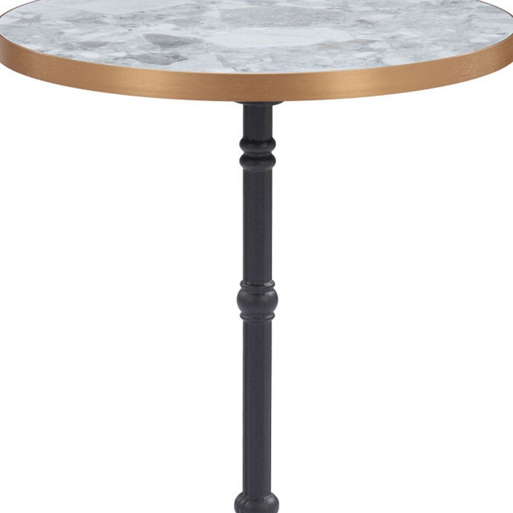 24" White And Black Wood And Aluminum Indoor Outdoor Pedestal Base Round Top Dining Table. Outdoor table isolated on a plain white background, showing a white metal surface.