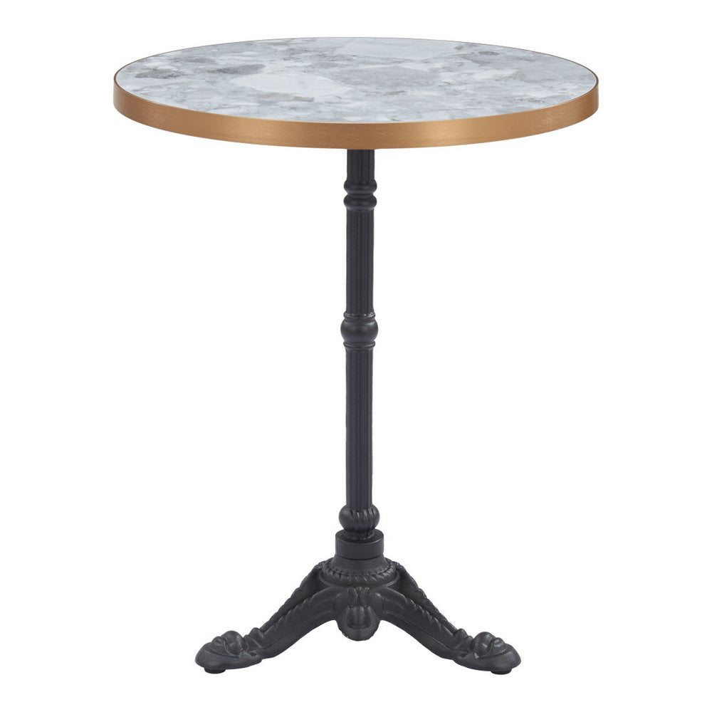 24" White And Black Wood And Aluminum Indoor Outdoor Pedestal Base Round Top Dining Table. Outdoor table isolated on a plain white background, finished in black metal.