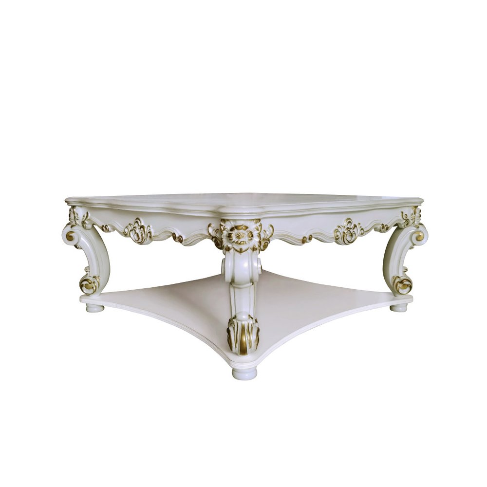 Ivory and gold ornate square coffee table with a lower shelf, made of wood, on a white background.