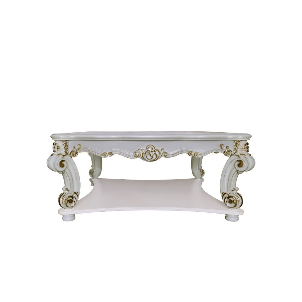 58" Ivory and Gold Wood Square Coffee Table With Shelf. Coffee table isolated on a plain white background, in a ivory wood finish.
