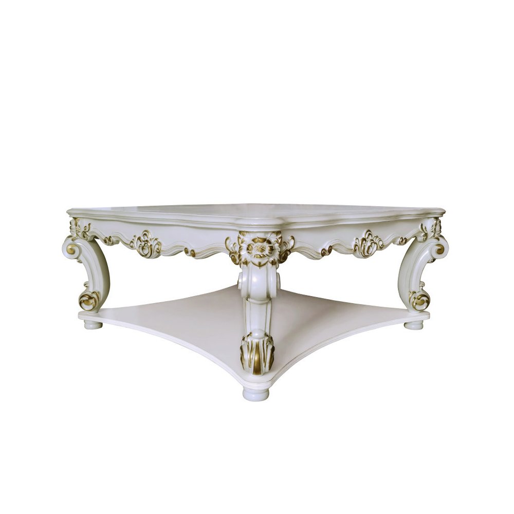 58" Ivory and Gold Wood Square Coffee Table With Shelf. Coffee table isolated on a plain white background, finished in ivory wood.