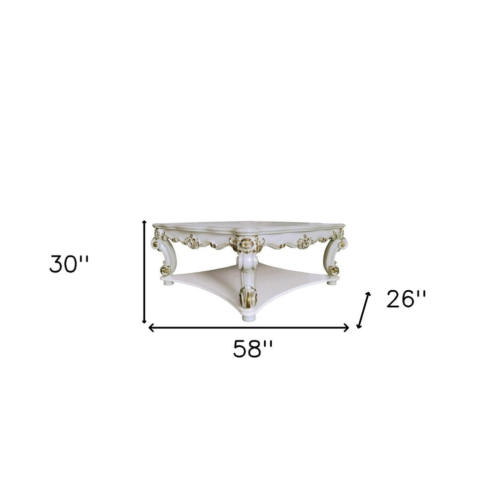 58" Ivory and Gold Wood Square Coffee Table With Shelf. Coffee table isolated on a plain white background, showing a ivory wood surface.