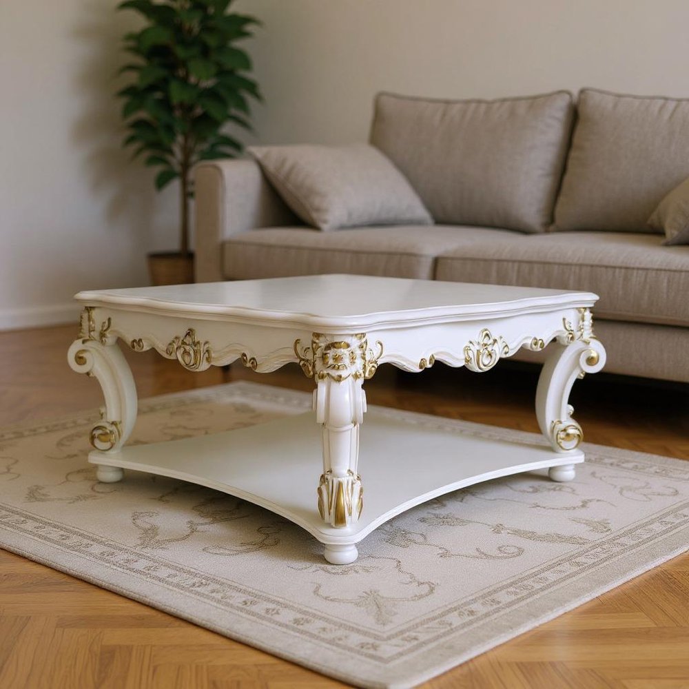 58" Ivory and Gold Wood Square Coffee Table With Shelf. Coffee table in gold wood.