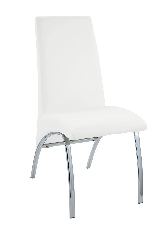 White faux leather dining chair with curved chrome legs on a white background.