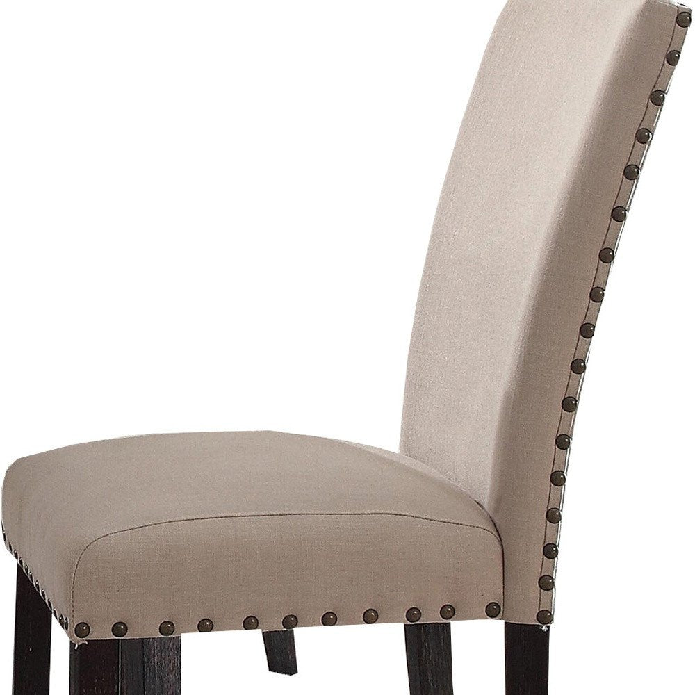 Set of Two Taupe and Dark Brown Linen Dining Side Chairs