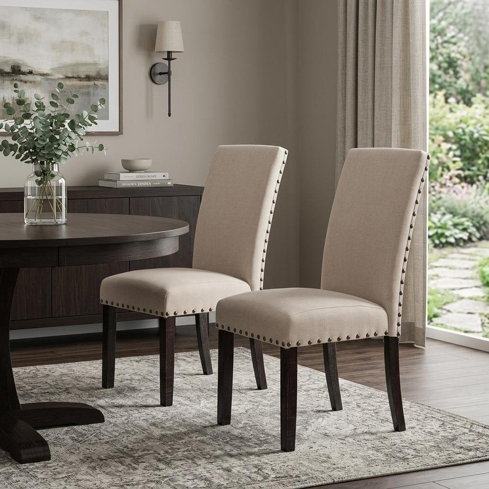 Set of Two Taupe and Dark Brown Linen Dining Side Chairs