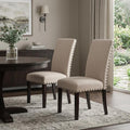 Set of Two Taupe and Dark Brown Linen Dining Side Chairs