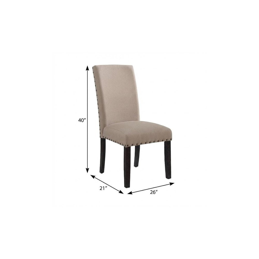 Set of Two Taupe and Dark Brown Linen Dining Side Chairs