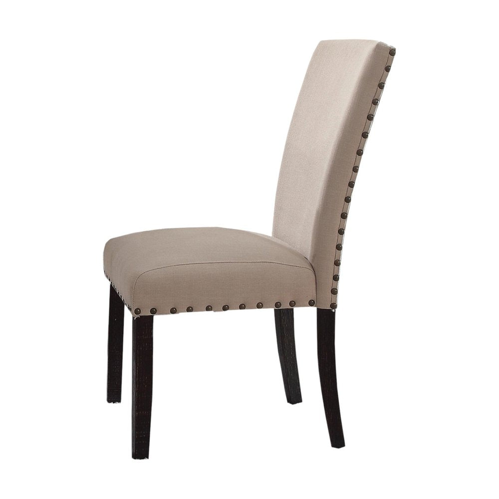 Set of Two Taupe and Dark Brown Linen Dining Side Chairs