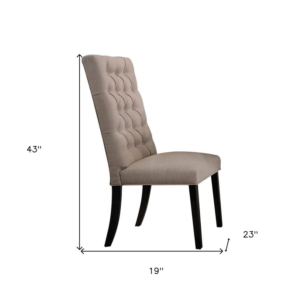 Set of Two Tan and Black Tufted Linen Open Back Dining Side Chairs