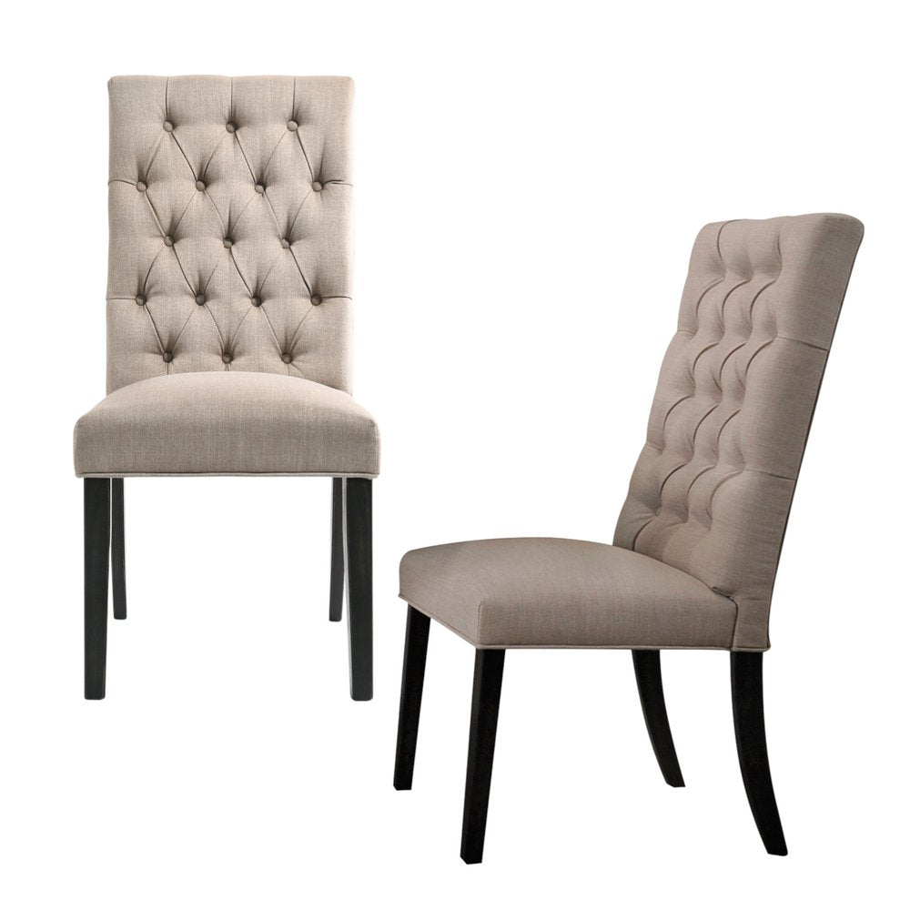 Set of Two Tan and Black Tufted Linen Open Back Dining Side Chairs