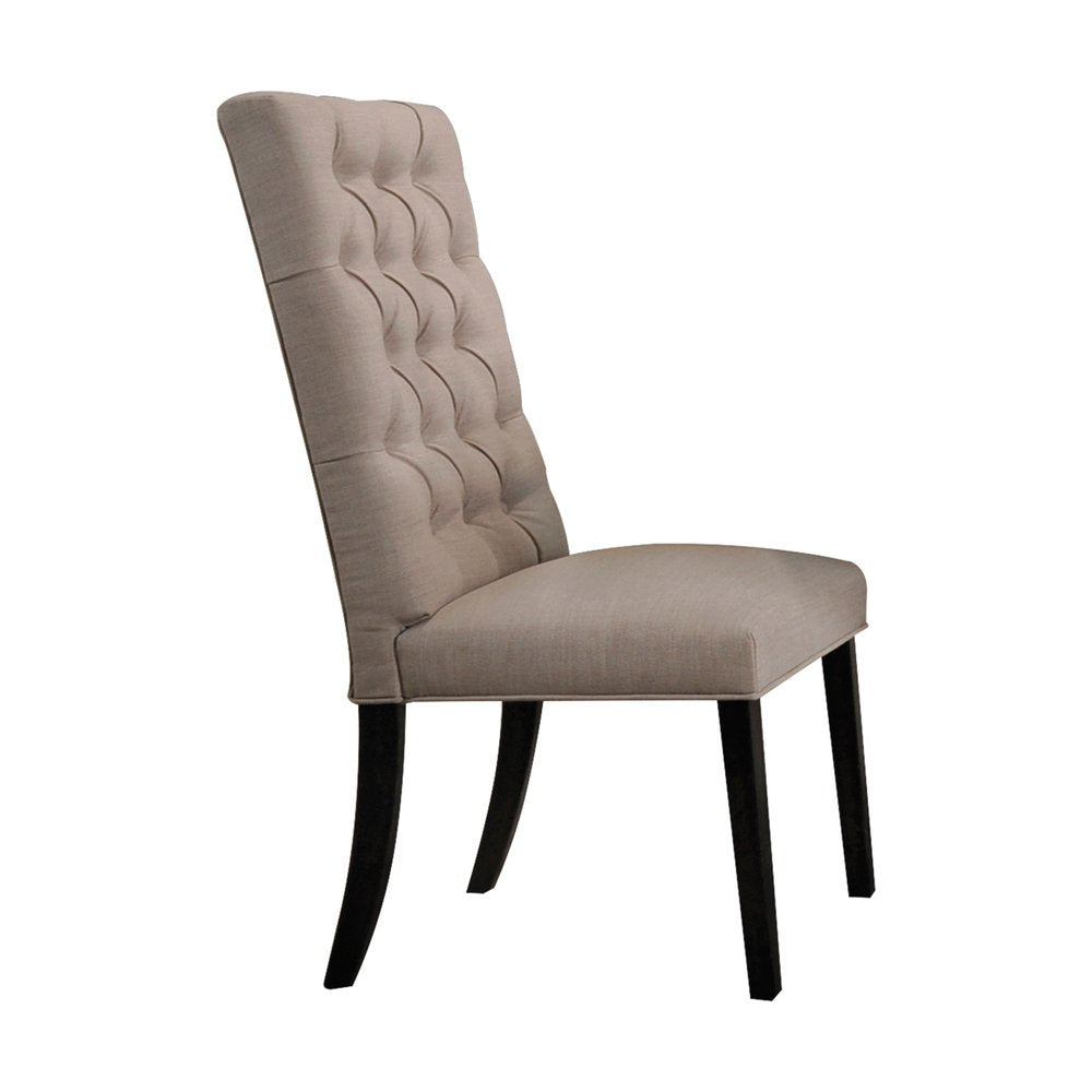 Set of Two Tan and Black Tufted Linen Open Back Dining Side Chairs