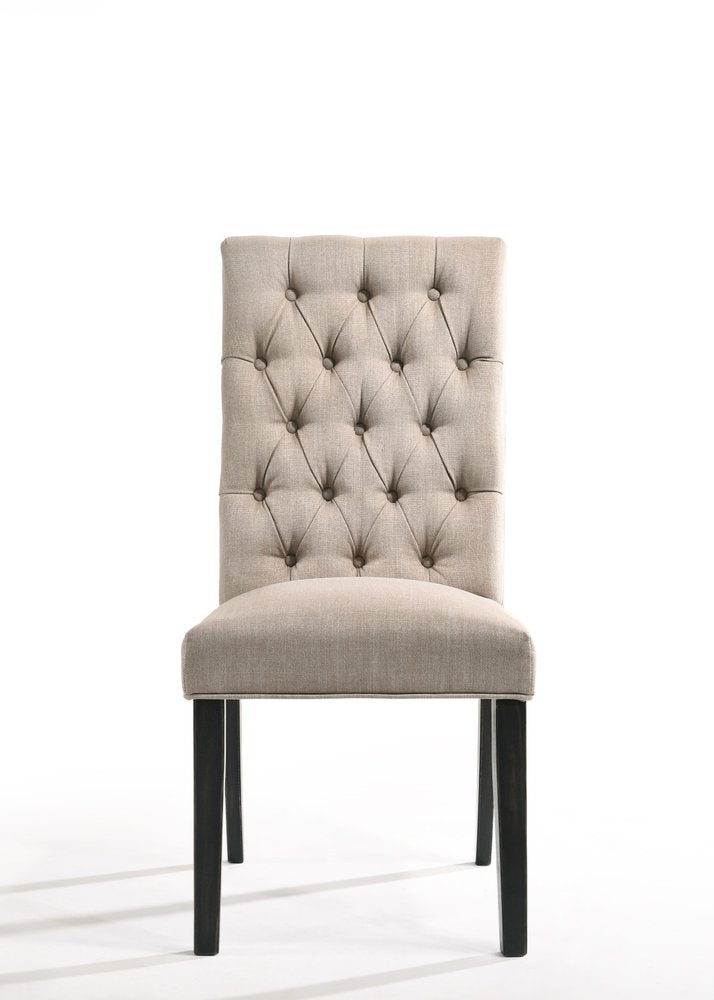 Set of Two Tan and Black Tufted Linen Open Back Dining Side Chairs