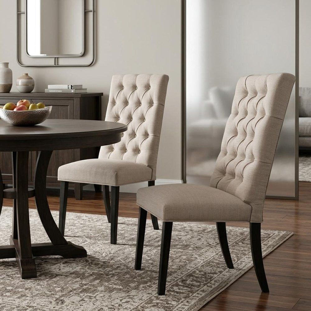 Set of Two Tan and Black Tufted Linen Open Back Dining Side Chairs