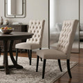 Set of Two Tan and Black Tufted Linen Open Back Dining Side Chairs