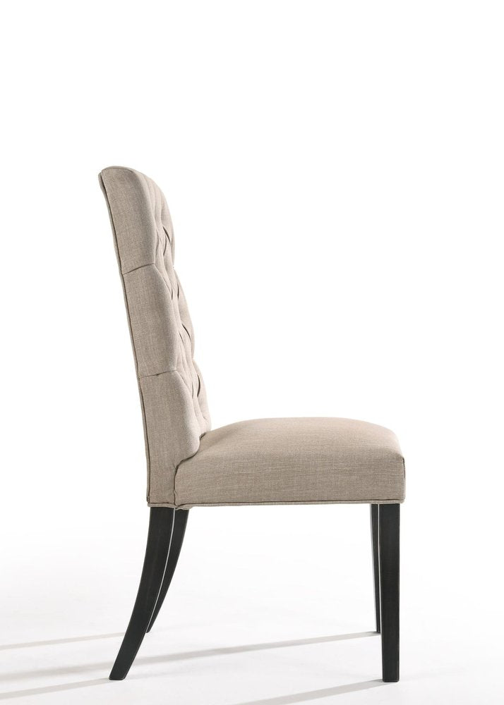 Set of Two Tan and Black Tufted Linen Open Back Dining Side Chairs