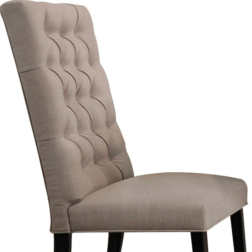 Set of Two Tan and Black Tufted Linen Open Back Dining Side Chairs