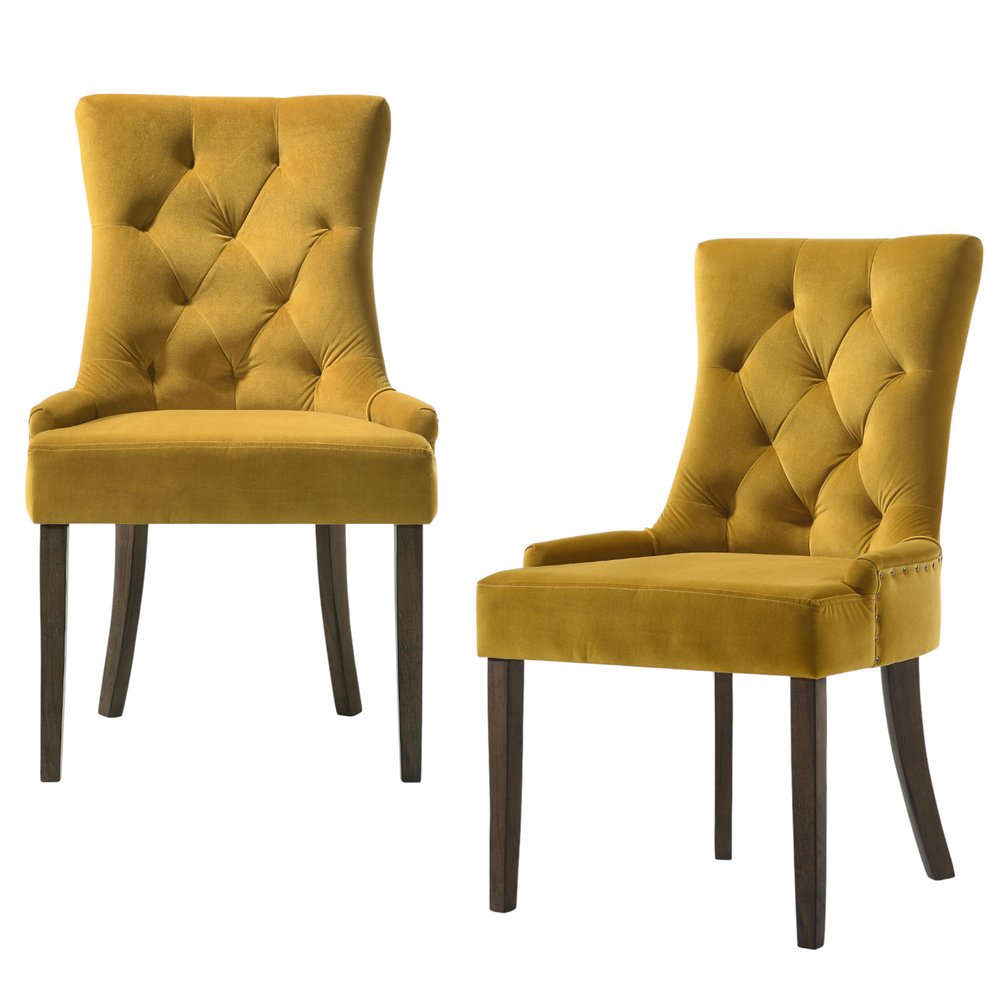 Set of Two Tufted Yellow and Espresso Upholstered Velvet And Solid Wood Dining Side Chairs on a white background