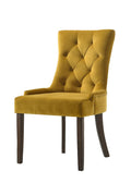 Set of Two Tufted Yellow and Espresso Upholstered Velvet And Solid Wood Dining Side Chairs on a white background