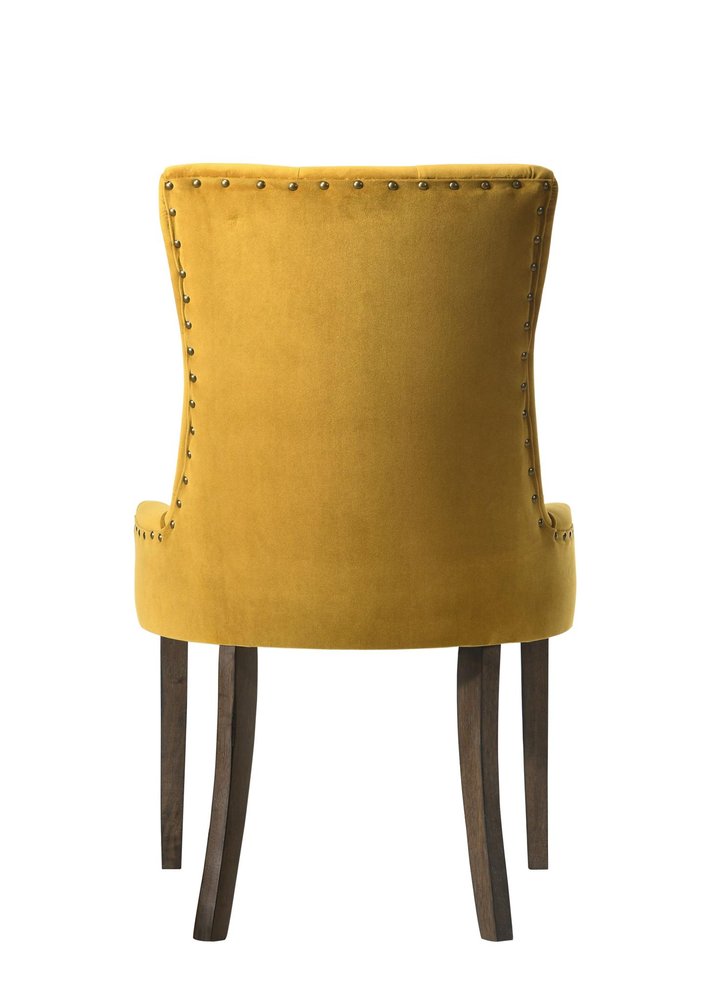 Set of Two Tufted Yellow and Espresso Upholstered Velvet And Solid Wood Dining Side Chairs on a white background