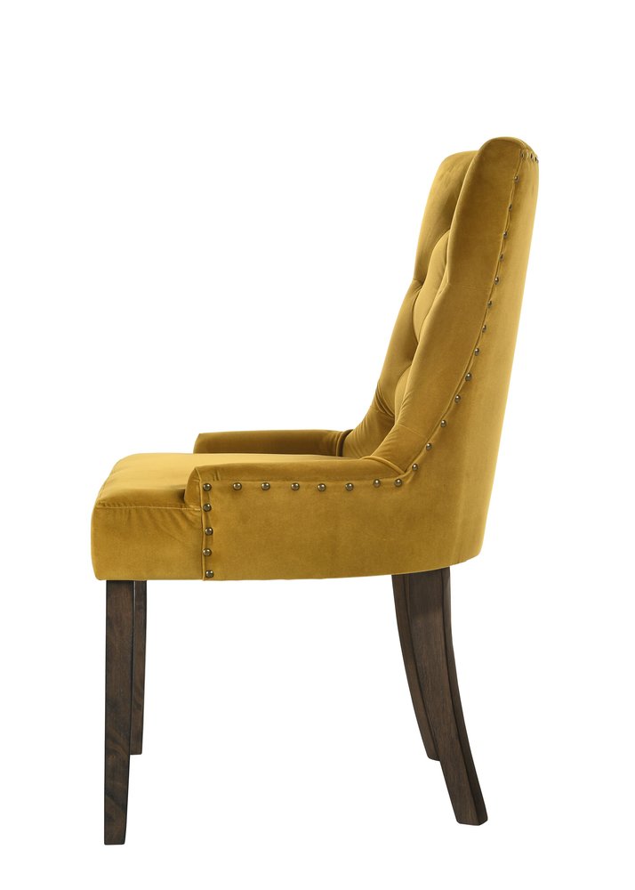 Set of Two Tufted Yellow and Espresso Upholstered Velvet And Solid Wood Dining Side Chairs on a white background