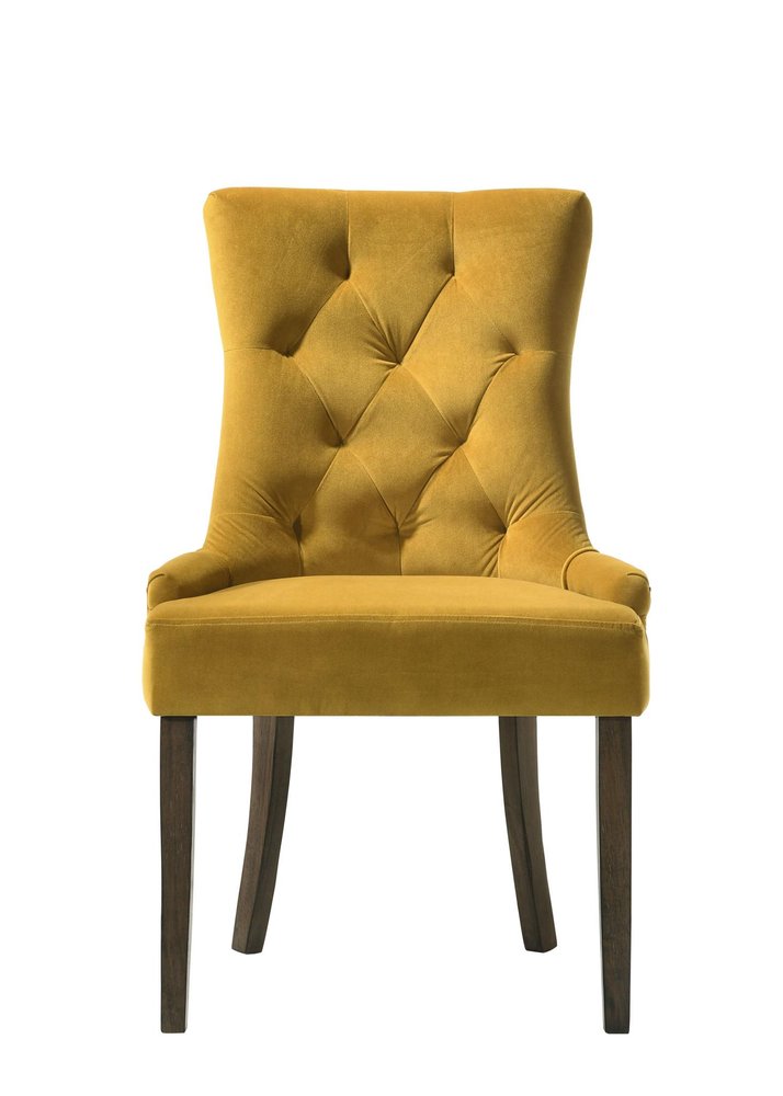 Set of Two Tufted Yellow and Espresso Upholstered Velvet And Solid Wood Dining Side Chairs on a white background