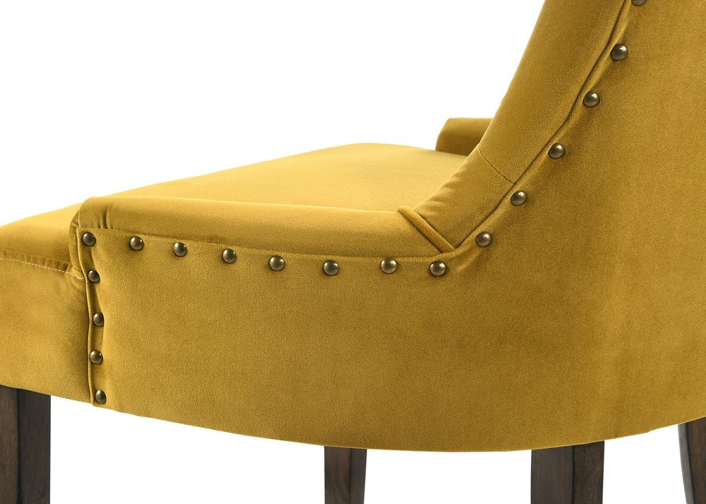 Set of Two Tufted Yellow and Espresso Upholstered Velvet And Solid Wood Dining Side Chairs on a white background
