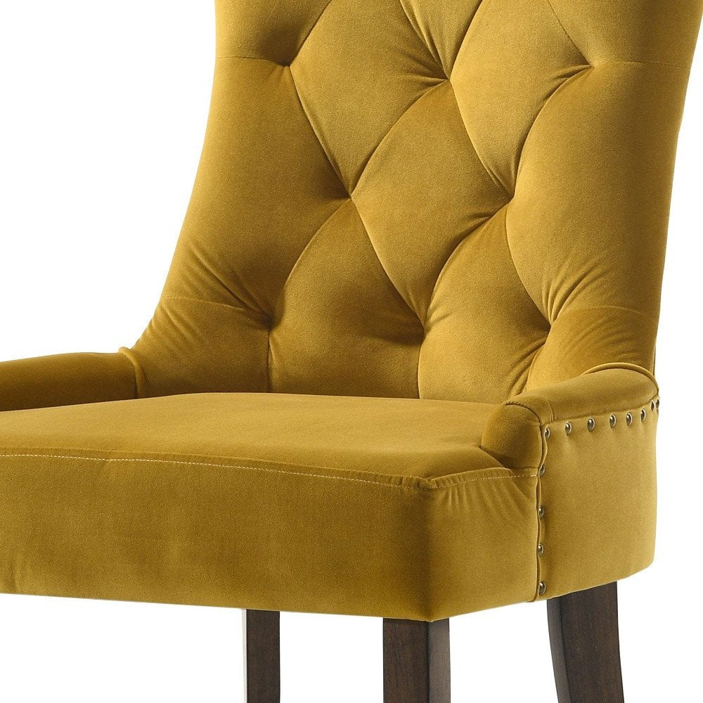 Set of Two Tufted Yellow and Espresso Upholstered Velvet And Solid Wood Dining Side Chairs on a white background