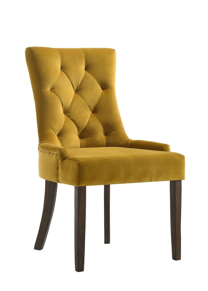 Set of Two Tufted Yellow and Espresso Upholstered Velvet And Solid Wood Dining Side Chairs on a white background