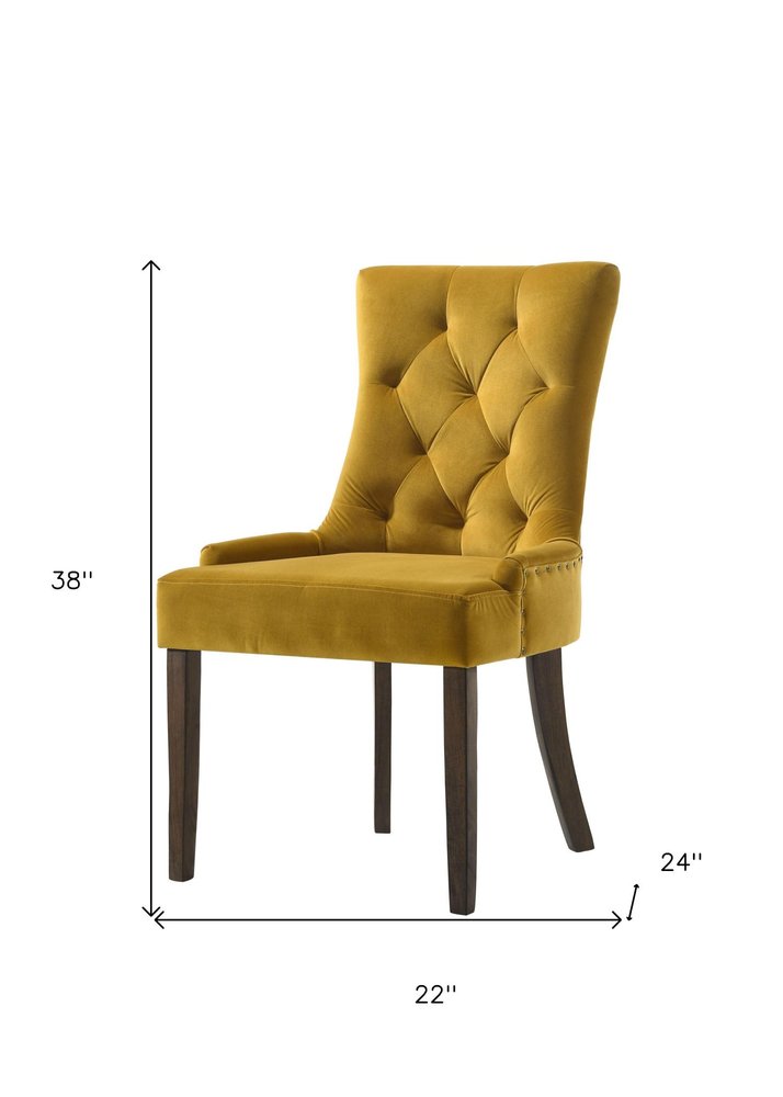 Set of Two Tufted Yellow and Espresso Upholstered Velvet And Solid Wood Dining Side Chairs