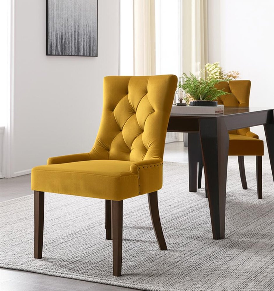 Set of Two Tufted Yellow and Espresso Upholstered Velvet And Solid Wood Dining Side Chairs close-up detail
