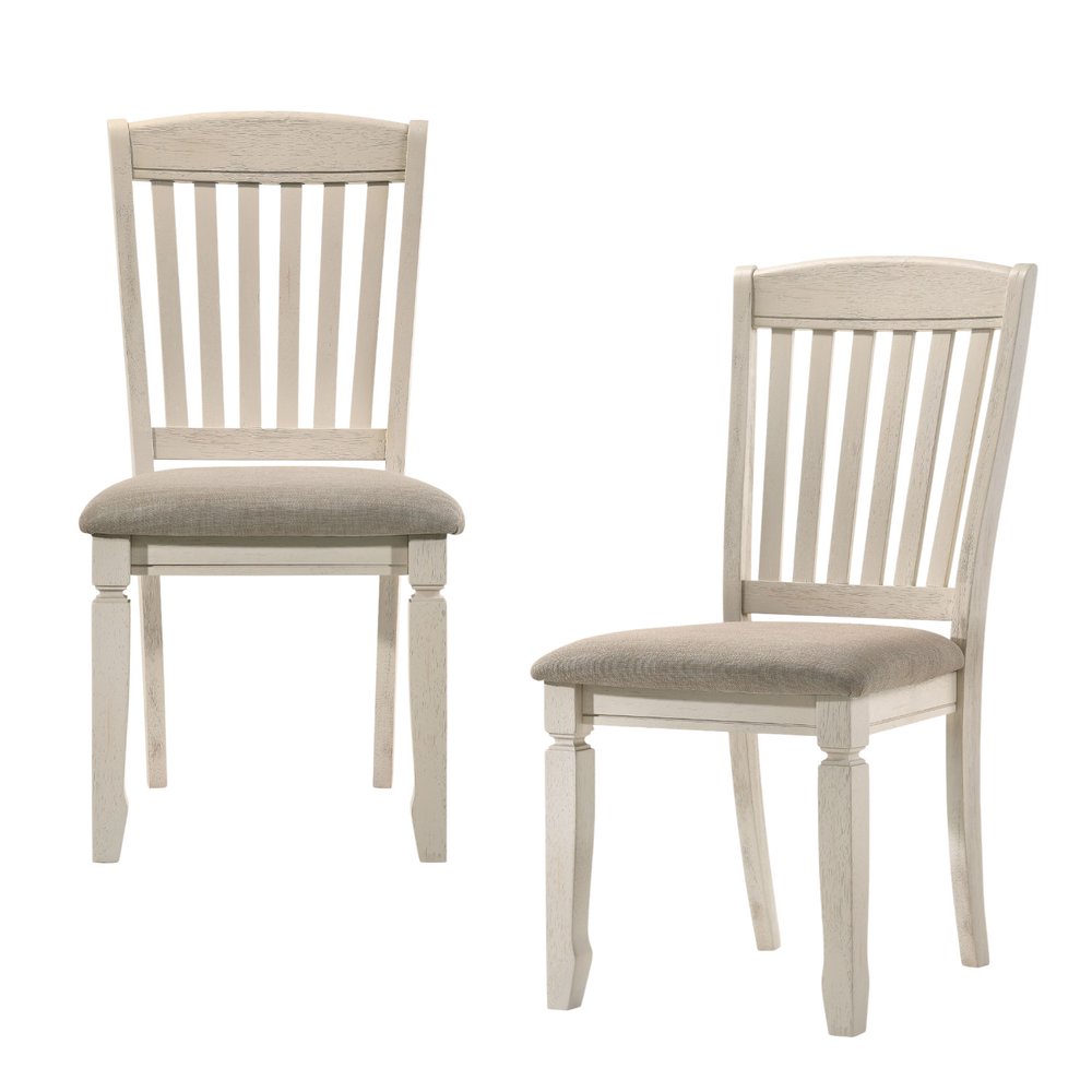 Set of Two Tan and Cream Fabric Slat Back Dining Side Chairs