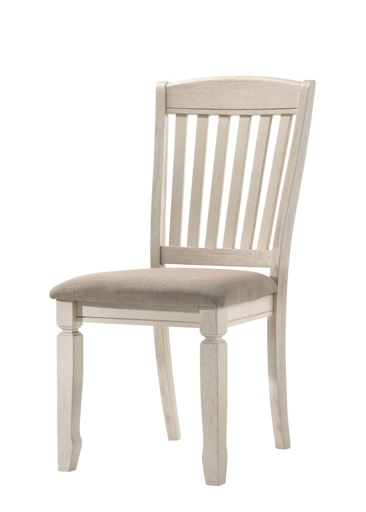 Set of Two Tan and Cream Fabric Slat Back Dining Side Chairs