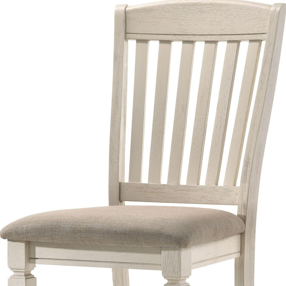 Set of Two Tan and Cream Fabric Slat Back Dining Side Chairs