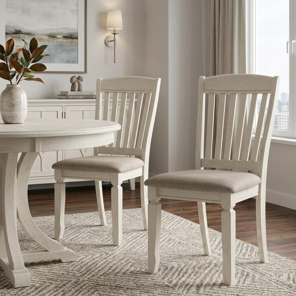 Set of Two Tan and Cream Fabric Slat Back Dining Side Chairs