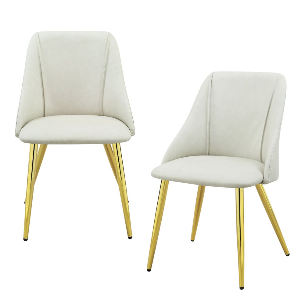 Set of Two White and Gold Upholstered Faux Leather And Metal Dining Side Chairs on a white background