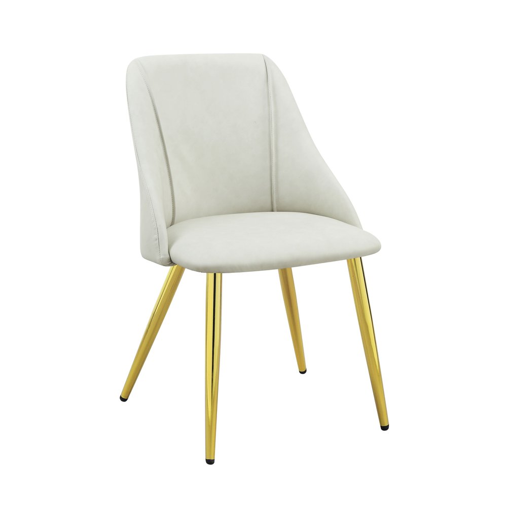 Set of Two White and Gold Upholstered Faux Leather And Metal Dining Side Chairs on a white background
