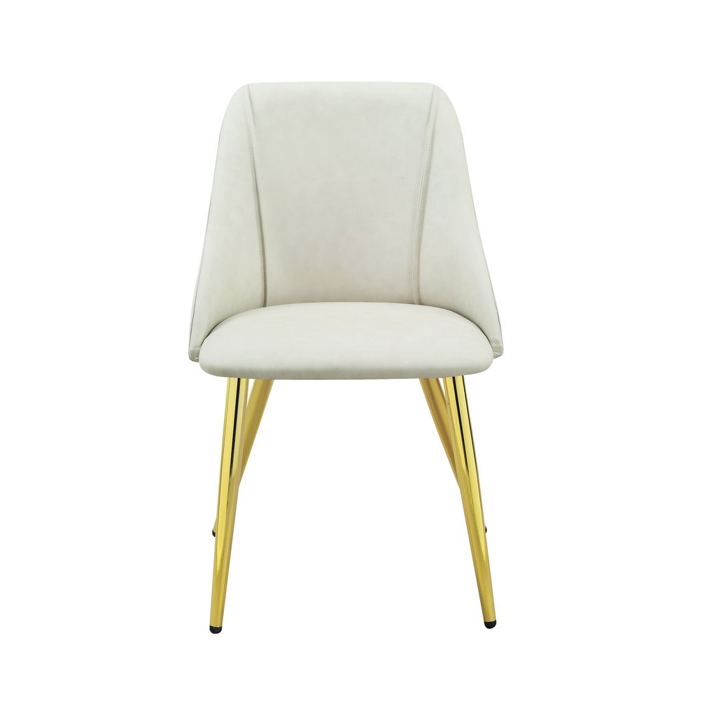 Set of Two White and Gold Upholstered Faux Leather And Metal Dining Side Chairs on a white background