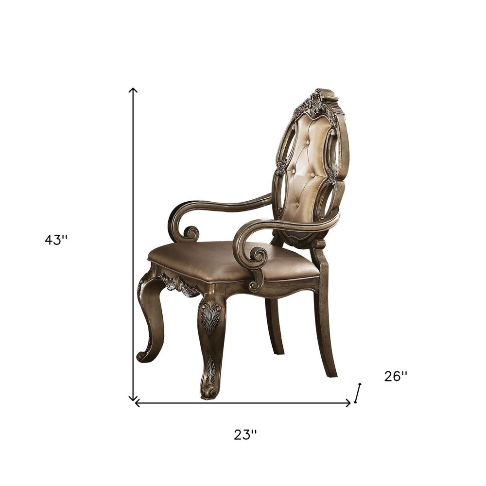 Set of Two Tufted Oak Upholstered Faux Leather And Solid Wood Dining Arm Chairs