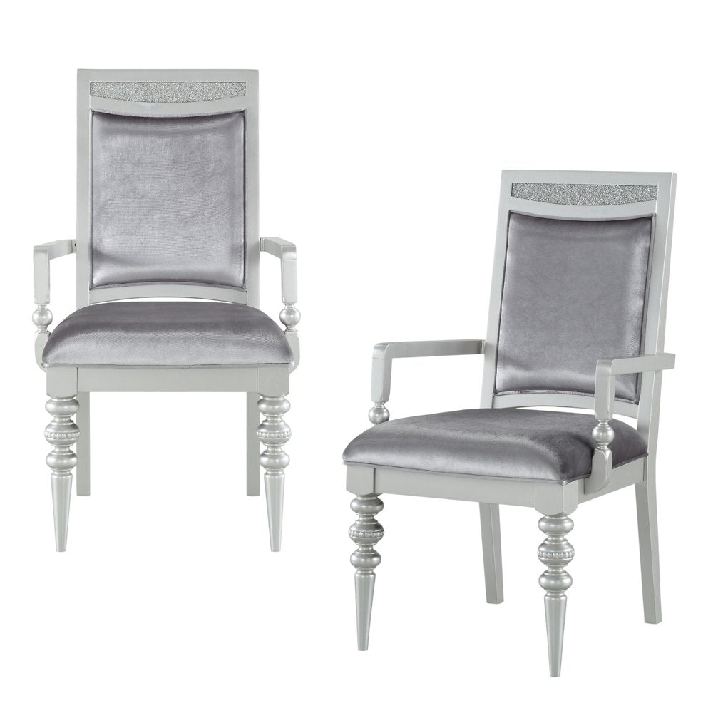 Set of Two Platinum Fabric Dining Arm Chairs
