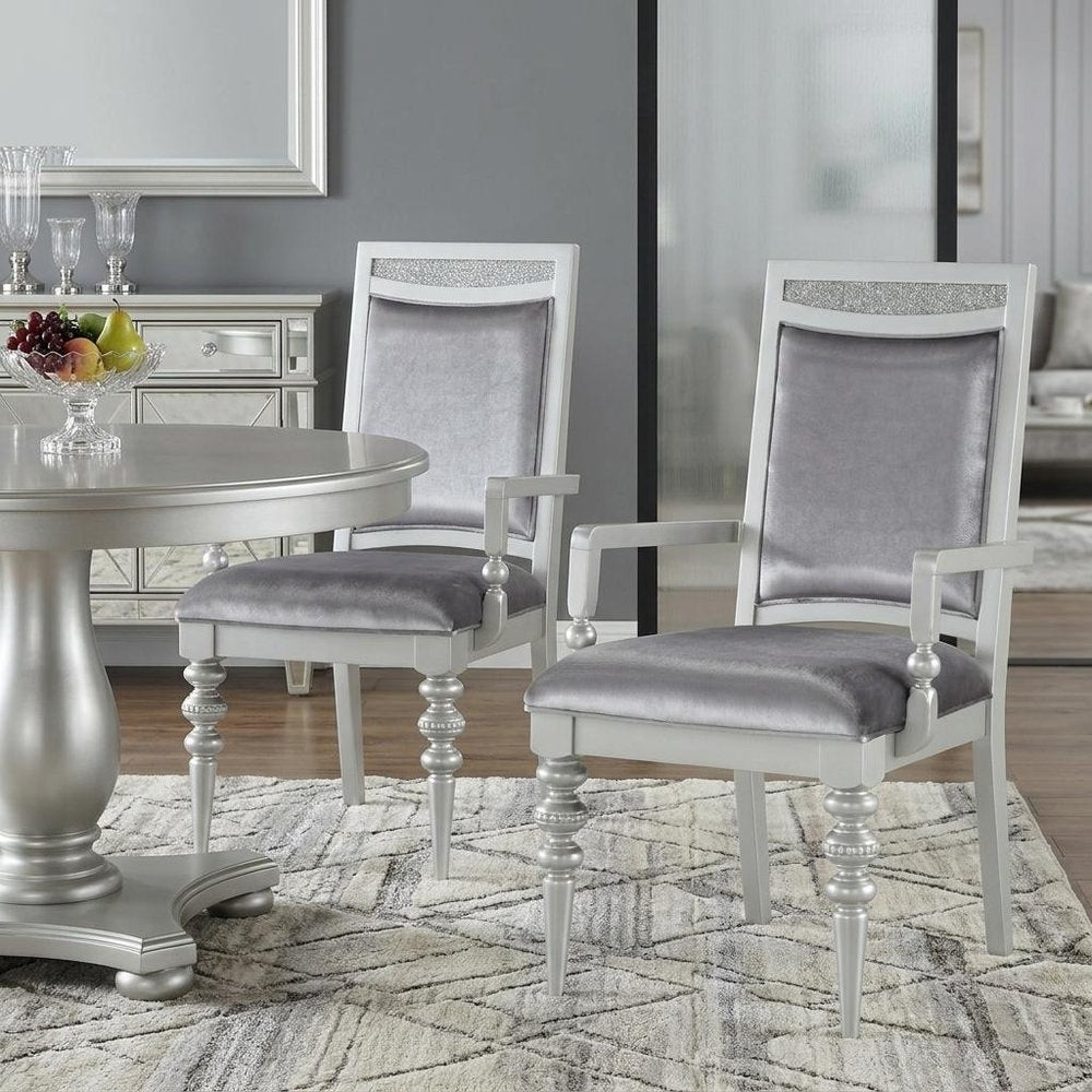 Set of Two Platinum Fabric Dining Arm Chairs
