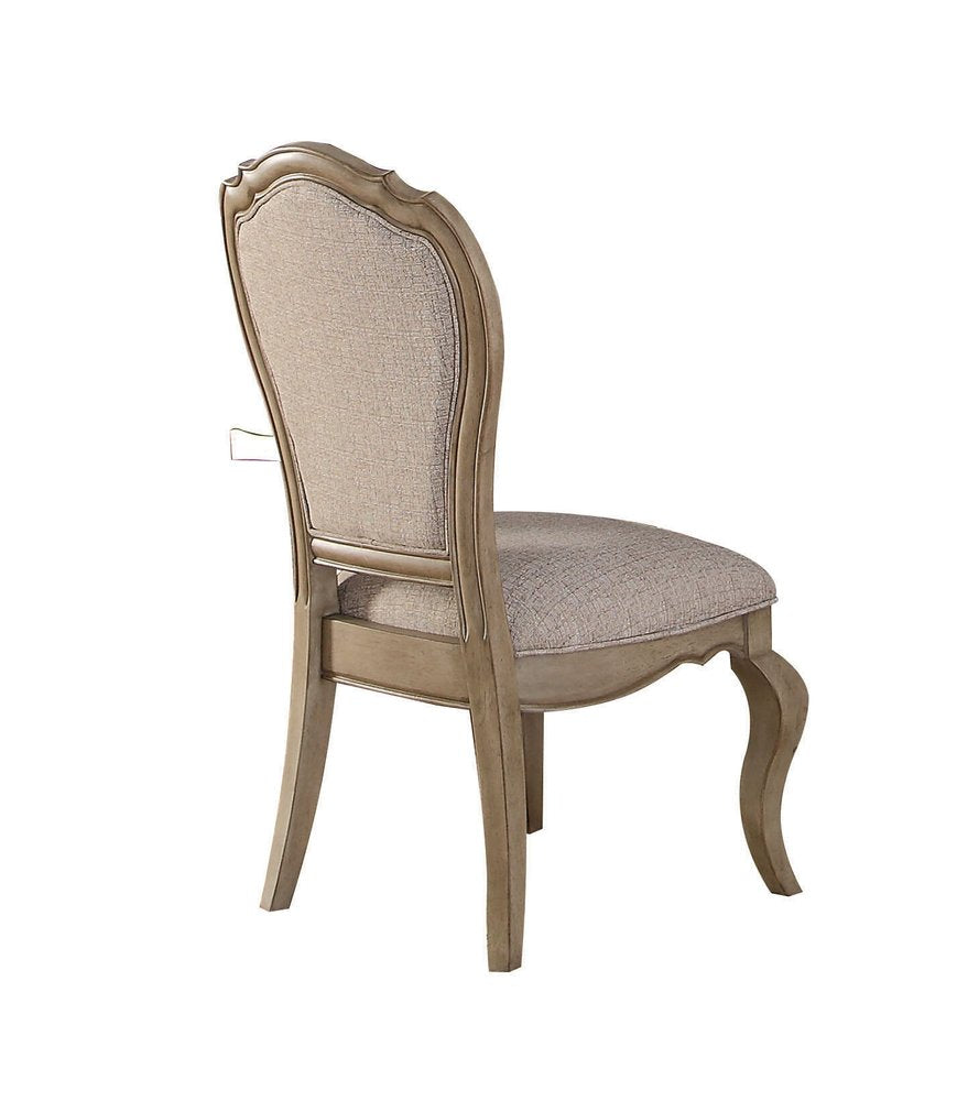 Set of Two Tufted Beige and Taupe Upholstered Fabric And Solid Wood Dining Side Chairs on a white background
