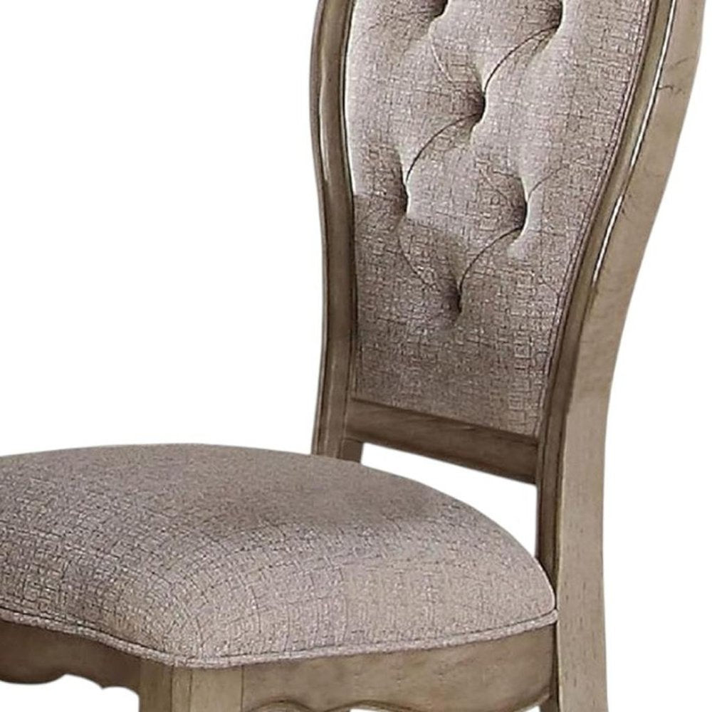 Set of Two Tufted Beige and Taupe Upholstered Fabric And Solid Wood Dining Side Chairs on a white background