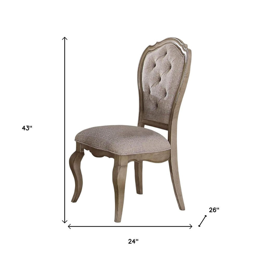 Set of Two Tufted Beige and Taupe Upholstered Fabric And Solid Wood Dining Side Chairs on a white background