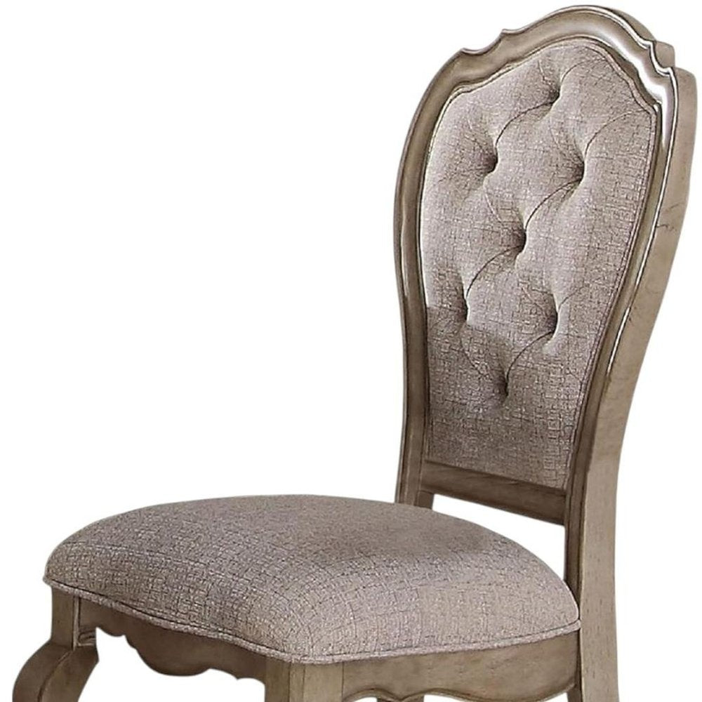 Set of Two Tufted Beige and Taupe Upholstered Fabric And Solid Wood Dining Side Chairs on a white background
