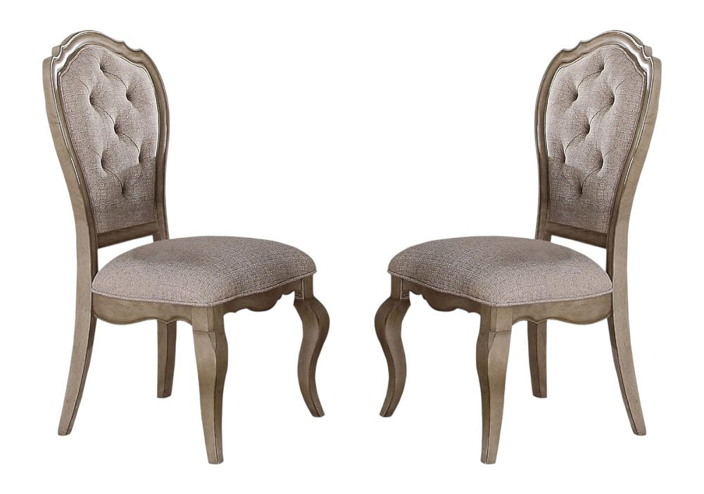 Set of Two Tufted Beige and Taupe Upholstered Fabric And Solid Wood Dining Side Chairs on a white background