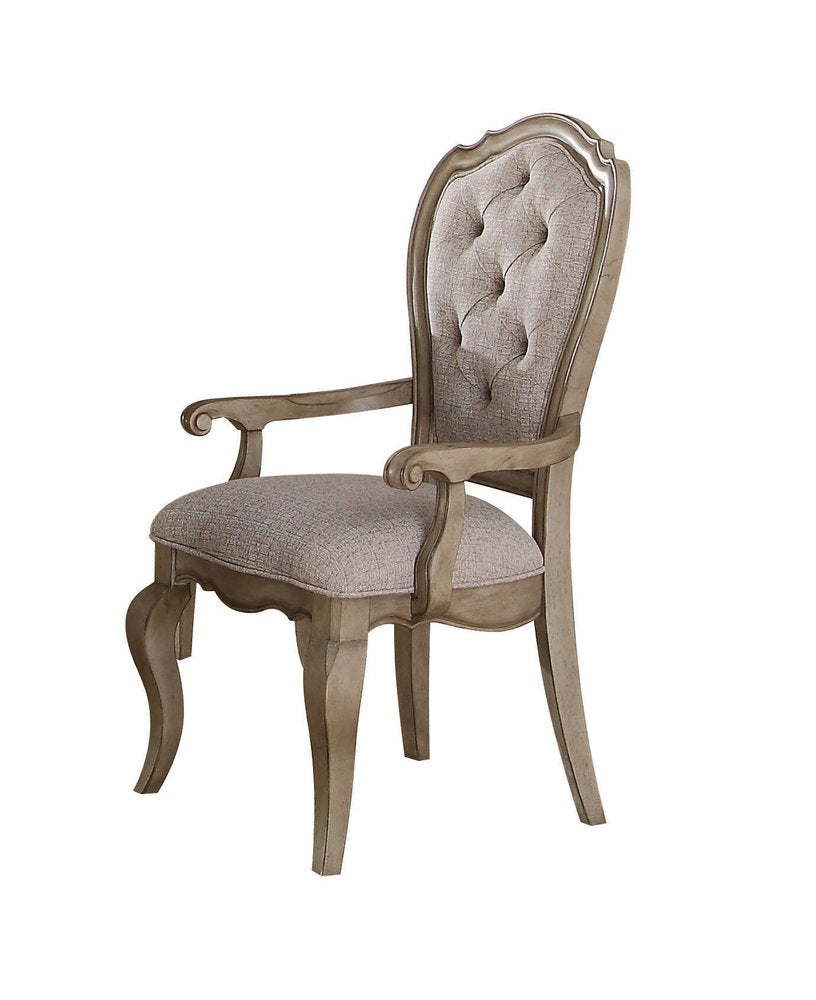 Set of Two Tufted Beige and Taupe Upholstered Fabric And Solid Wood Dining Arm Chairs on a white background